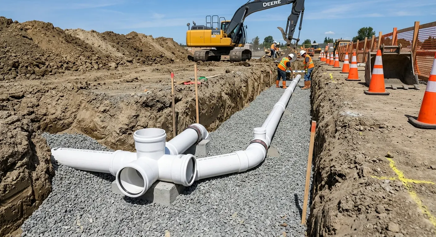 New PVC sewer pipe installation in open trench for Sewer Backup in Norton