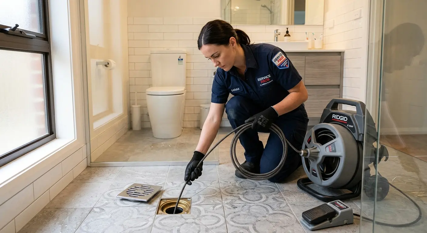 Technician clearing a bathroom floor drain for Drain Repair in Norton
